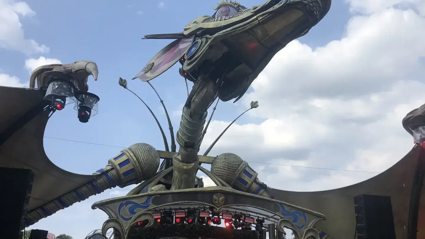 HUGEL performing beneath the dragon stage at Tomorrowland in July 2018
