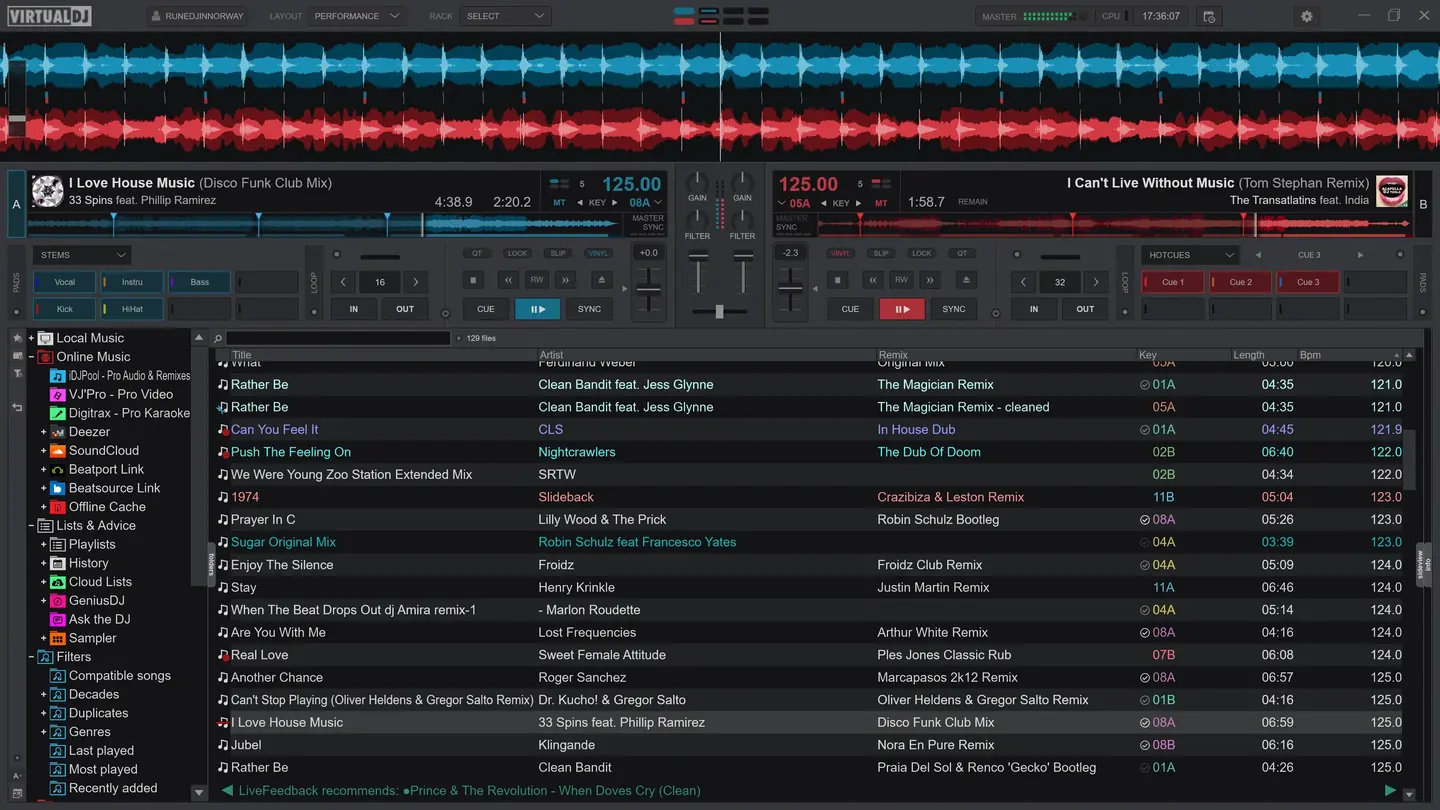 VirtualDJ Performance interface with two decks, waveforms and a music library